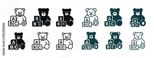 Set of teddy bear and alphabet block icons in various styles