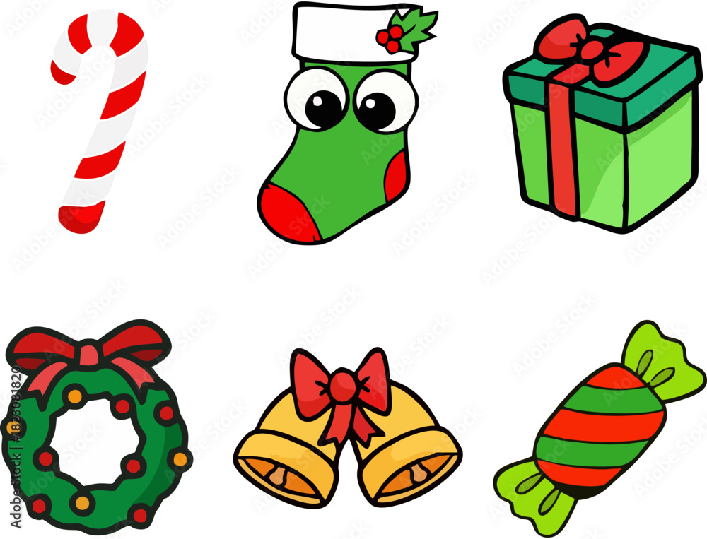 Fototapeta premium Cute Christmas Characters Set with Santa, Snowman, Reindeer and Christmas Tree