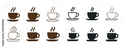 Coffee cup icon collection with different styles and designs