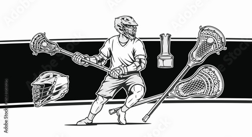 Black and white illustration of a lacrosse player in action, surrounded by equipment, including helmets and lacrosse sticks. Action-oriented and sporty.