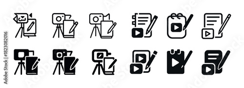 Creative video and photo editing icons set on white background