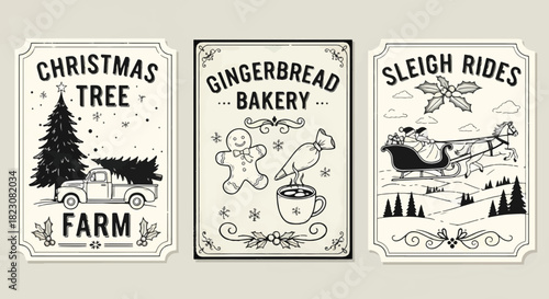Three vintage-style Christmas signs: Christmas tree farm with a truck, gingerbread bakery, and sleigh rides. Black and white illustration.