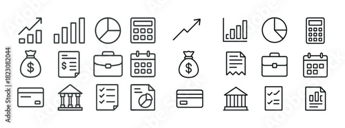 Business and finance icons set featuring charts, calculators, and money bags