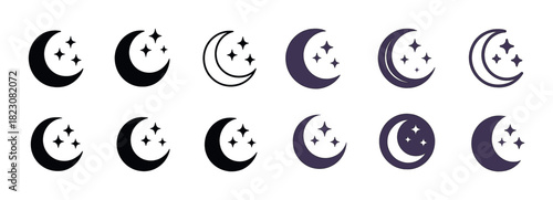 Crescent moon and stars icon set in black and purple variations