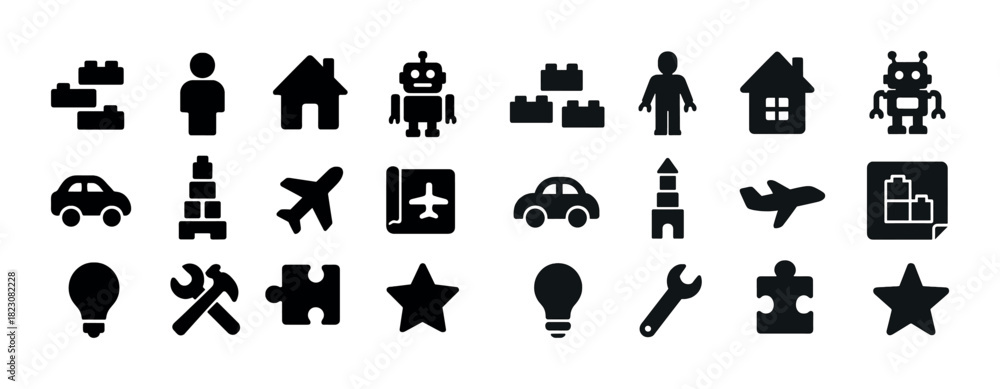 Fototapeta premium Assorted icon set featuring toys vehicles robots tools and shapes