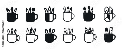Set of black and white iconic mugs with art supplies for design concepts