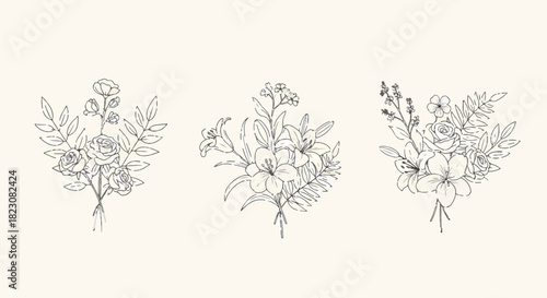 Three elegant floral bouquets arranged in a row. Minimalist black line art on a light beige background. Includes roses, lilies, and other foliage.