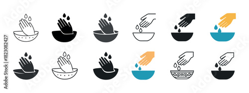 Hand washing icons: diverse styles and colors for hygiene awareness
