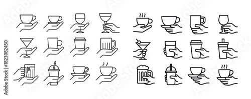 Hand holding various beverage icons: tea, wine, coffee, cocktails, beer, milkshake