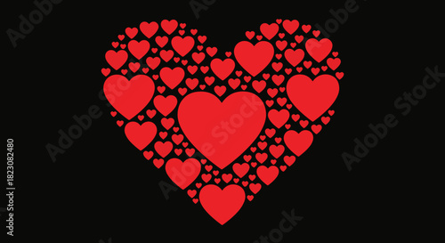 A large heart is created from many smaller red hearts against a black background. Symbolizes love, affection, and relationships. Simple yet impactful.