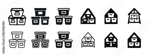 Set of black storage containers and organizers icons in various shapes