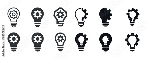 Set of gear and bulb icon designs: innovation and technology concepts