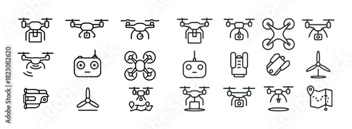 Drone icon set: delivery, surveillance, mapping, with controllers and rotors