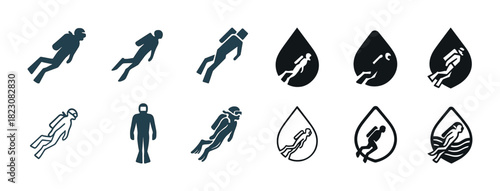 Diver icon set: silhouettes, symbols, and water droplets in various styles