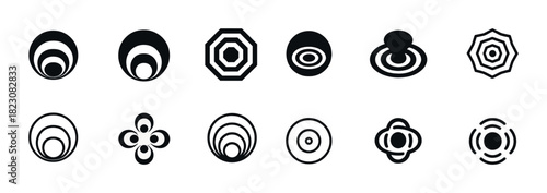 Abstract geometric icon set: twelve circular black and white designs
