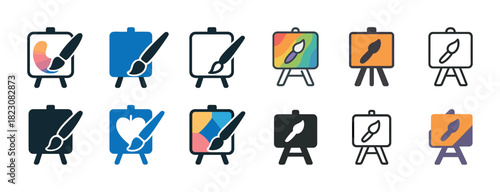 Colorful painting icons: brush and canvas variations on easels