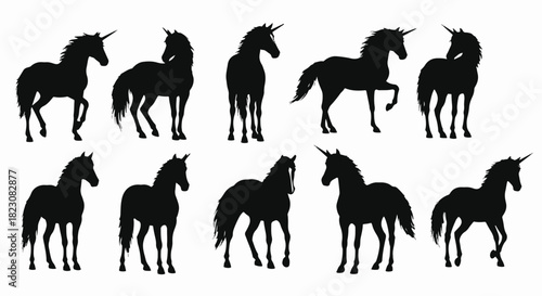 Silhouette of ten unicorns in various poses, all facing different directions against a plain background.