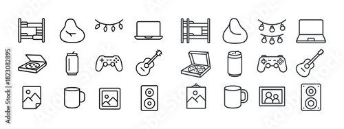 Icon set: bookshelf, clock, lights, laptop, pizza, controller, guitar, mug, speaker
