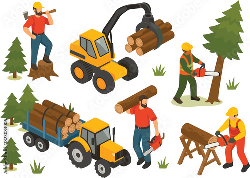 Forestry and Logging Industry Workflow Concept: Timber Harvesting Process from Tree Felling to Wood Processing at the Sawmill, Featuring Workers, Heavy Machinery, and Log Transportation