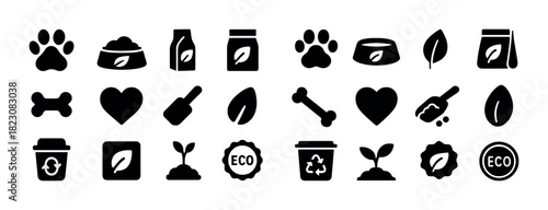 Pet and eco icons set: food, paws, leaves, recycle, eco-friendly symbols