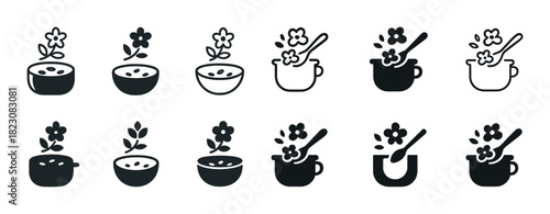 Set of flower soup icons in various styles and designs