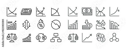 Economics icons: graphs, currency, gdp, and market trends