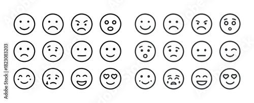 Set of simple black and white emoji faces displaying various emotions and expressions
