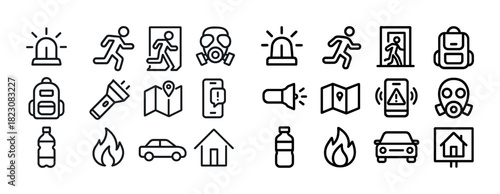Emergency preparedness icons: safety, evacuation, survival gear, flashlight, map