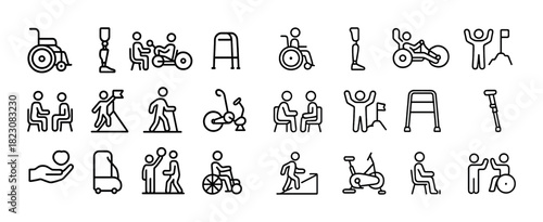 Disability and mobility line icons: wheelchair, prosthetic, walker, crutch, accessible design