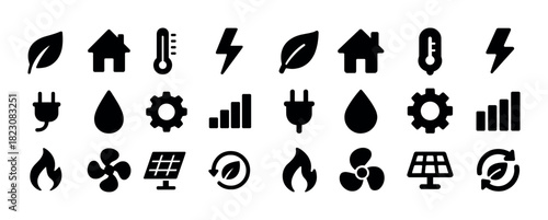 Energy and environment icons: sustainability, power, temperature, renewable systems