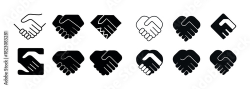 Collection of twelve diverse handshake icons in black and white