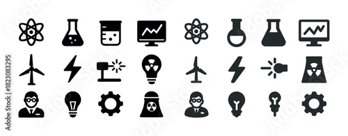 Science and technology icon set: laboratory, energy, innovation, strategy