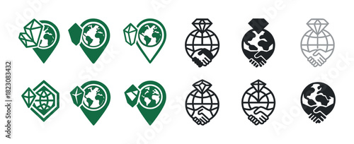 Green and black earth symbols with handshake and geometric shapes