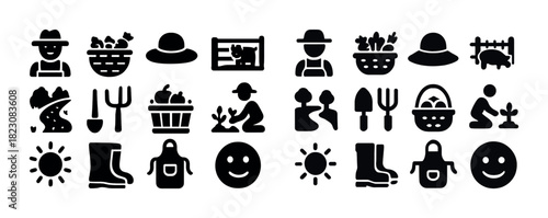 Farming icons set: agriculture, gardening tools, and harvest symbols