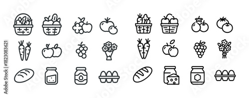 Outline icons of fruits, vegetables, bread, and jars in black and white