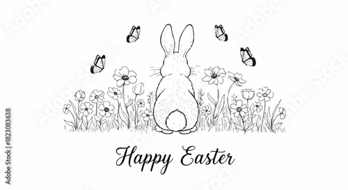 A black and white drawing of a rabbit from behind in a flower field, surrounded by butterflies. Happy Easter is written below.