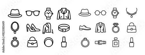Fashion icons set: accessories, jewelry, clothing, shoes, and more