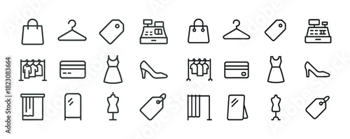 Minimalist fashion and retail icon set featuring bags, hangers, and pos systems