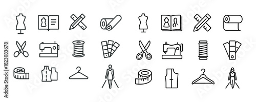 Sewing and fashion design icons: tools, materials, and garments