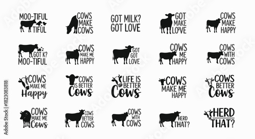 Collection of 20 silhouettes and vector art featuring cows and humorous, cow-related sayings and puns in black, displayed on a white background.
