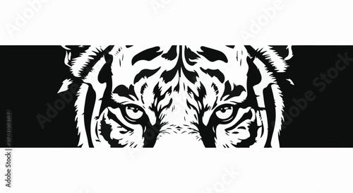 A striking black and white graphic of a tiger's face. The focus is on the piercing eyes and the iconic stripes, set against a solid black background.