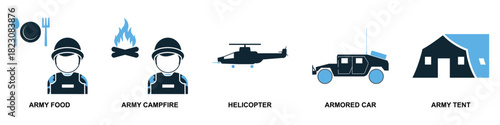 Set Military Icon Vector Ideal for applications, games, or graphic design projects related to armed forces, defense, conflict, and specialized equipment.