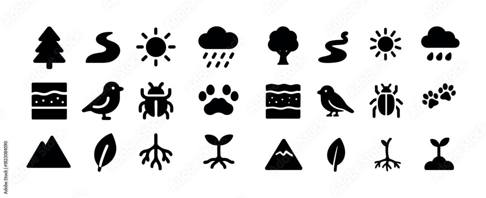 Naklejka premium Nature icons collection: trees, weather, animals, and plants in bold black silhouettes