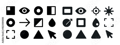 Assorted geometric icons: circles, squares, arrows, and more in black and white