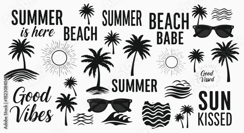 Collection of summer themed graphics in black and white. Featuring text like Summer is Here, Beach Babe, palm trees, suns, waves and sunglasses.