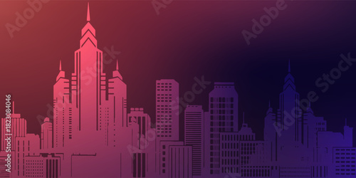 Gradient City Skyline Silhouette at Night With Pink to Blue Hue Artwork