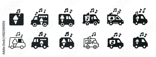 Set of ice cream truck icons with music notes in black and white design