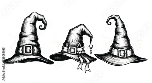 Three witch hats in a black and white illustration, each with a unique style and buckle, evoking a Halloween or fantasy vibe. Hand drawn style.