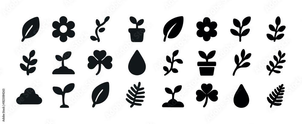 Fototapeta premium Black plant and leaf icons collection: nature symbols and organic elements