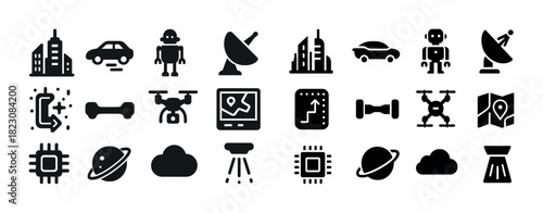 City and technology icons: communication, transport, robotics, and computing elements